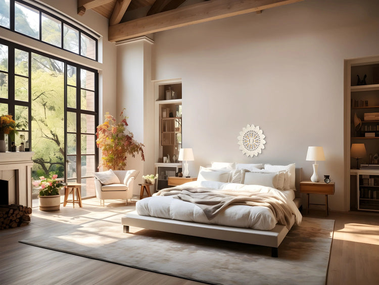 Création en macramé Soleil suspendue à la tête d'un lit d'une vaste chambre moderne et stylée