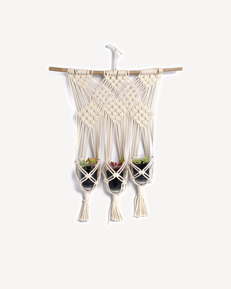 Une suspension réalisée en cordes de macramé pour trois petites plantes, réalisée par CTJ-creation